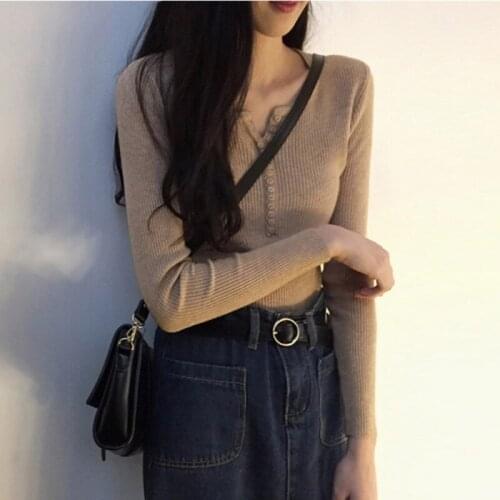 Women Sweaters Autumn Long Sleeve Buttons Solid Basic Casual Knitting Tops Slim Soft Daily Pullovers Female