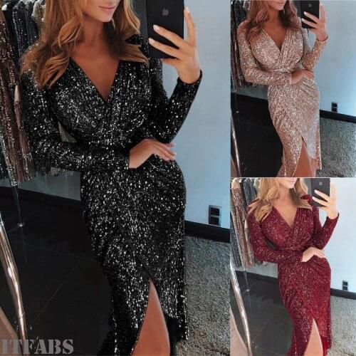 Women Sexy V neck Bodycon Slim Waist long sleeve skinny Dresses Glitter Elegant Ladies Party Dress