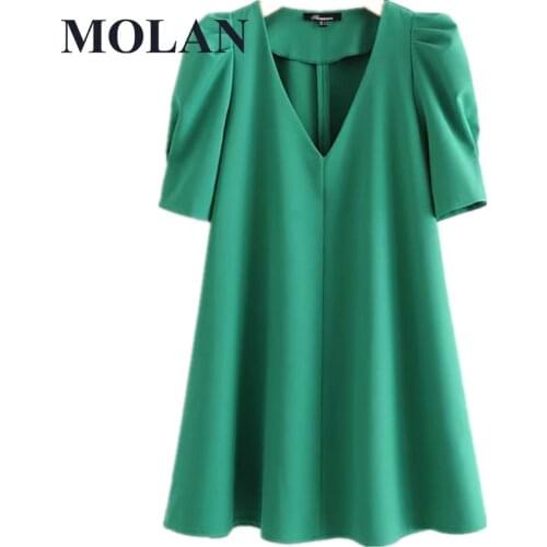 Woman Chic Vocation Dress Green V Neck Puff Sleeve Folds Lady Vestidos Casual Straight Female Fashion Elegant Beach Dress