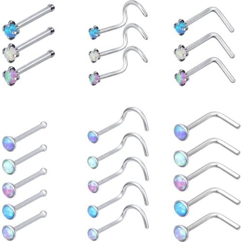 ZS 6pcs/lot Opal Stone Nose Rings Piercing Stainless Steel Nose Stud Claws Nose Piercings Fashion Body Jewelry For Women Girls