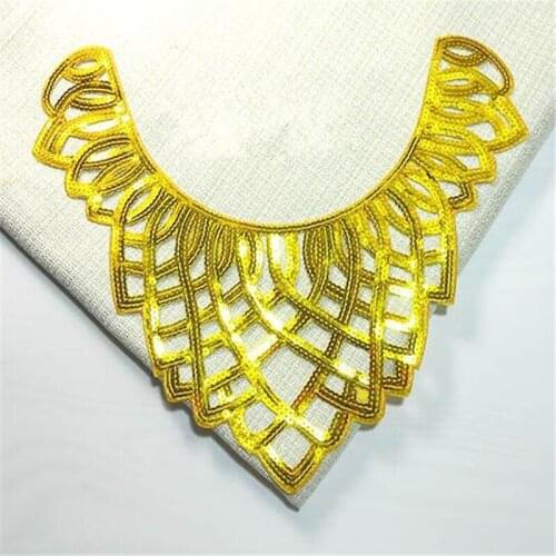 1Pc Iron on Gold Sequins Motif Venise Lace Applique Collar Trim Lady Dress Decoration DIY 34X30cm YL0155