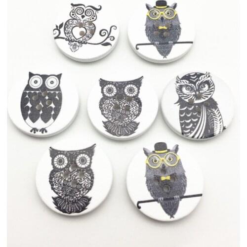 100pcs 30mm Large White Black Owls Wood Buttons 4 Holes Round Owl Sewing Button Embellishments DIY Crafts