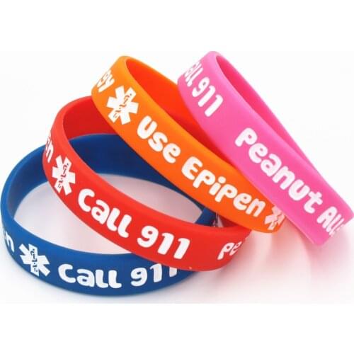 4PCS Printed Peanut Allergy Call 911 Silicone Wristband Little Kids Baby Silicone Armband Bracelets&Bangles Medical Gifts SH162