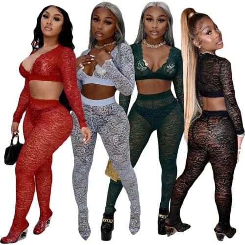Echoine Solid Lace Hollow Out See Through Two Piece Set Woman V Neck Long Sleeve Crop Top Pencil Pants Night Club Female Outfits