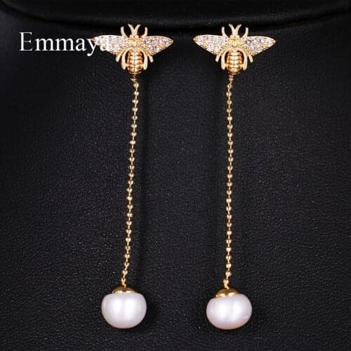 Emmaya Party Exclusive Ornament For Female Vivid Honeybee Shape With Long Pearl Gorgeous Long Earring Fashion Statement