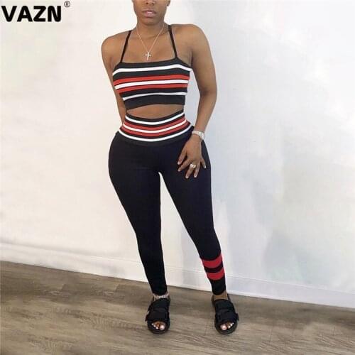 VAZN Elegant Design Summer 2020 Striped Tracksuit Sleeveless Full Pant O-neck 2 Piece Set Casual Street Sets