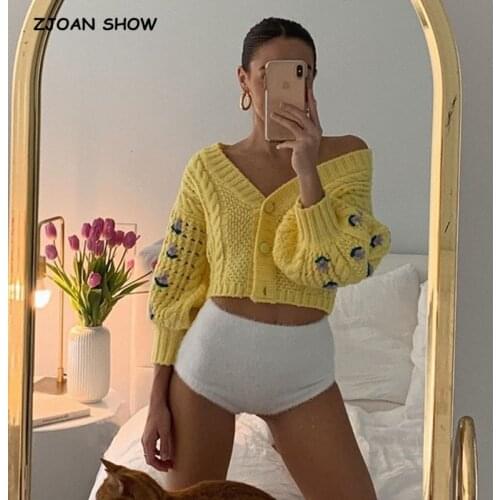 Stylish Women Puff Sleeve Hand Crochet Flower Cardigan RetroV neck Long sleeve Knitted Cropped Sweater Punk pull Korea Clothes