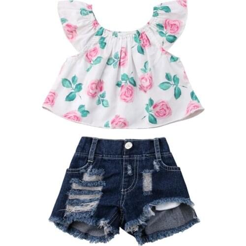 2020 Kids Baby Girl Summer Clothing Sets Cotton Off Shoulder Flower Blouse Tops+Denim Shorts Pant 2pcs Outfits Sets 1-4Y