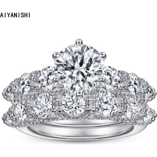 AIYANISHI Luxury Real 925 Sterling Silver 2CT Round Cut Wedding Ring Set For Women Engagement Band Ring Sets Jewelry Party Gifts