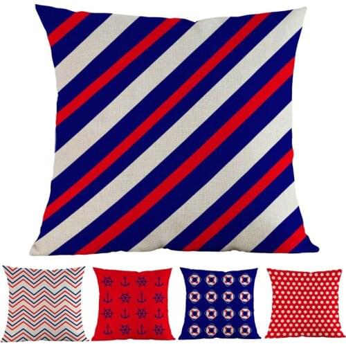 Red And Blue Style Voyage Sea Anchor Life Buoy Geometric Dots Pattern Linen Throw Pillow Case Home Sofa Decoration Cushion Cover