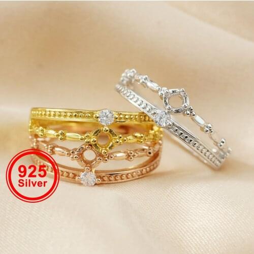 3MM round silver gold Gemstone CZ stone double band prong bezel solid 925 sterling silver adjustable ring settings 1210044