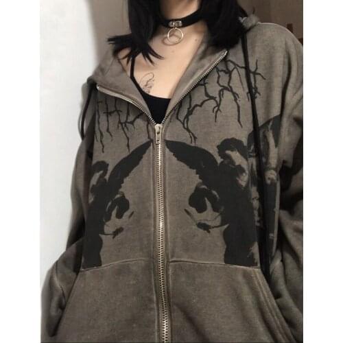 Jackets Autumn 2021 Women Y2K Gothic Zip-up Hoodie Angel Print 90s Vintage Loose Long Sleeve Trend Hip Hop Men Grunge Style Coat