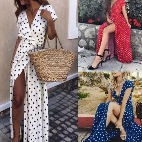 Summer Women Beach Party Sexy Deep-V Polka Dot Slits Short Sleeve Maxi Dress New Chic Vintage