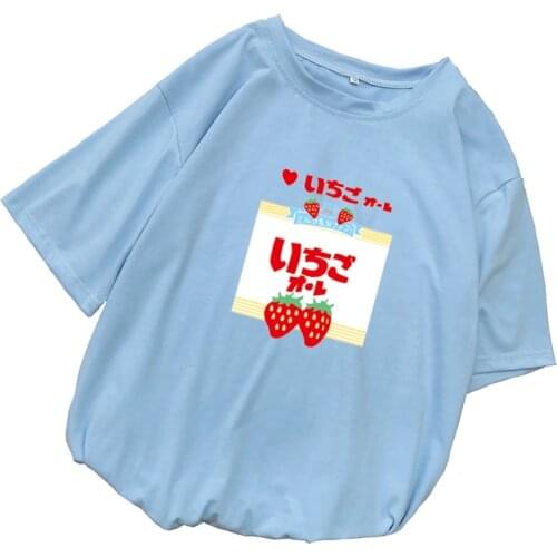 Summer Women Short Sleeve T Shirt Casual Kawaii Funny Strawberry Printed O-Neck Tshirt Female Loose Harajuku streetwear Tee Tops