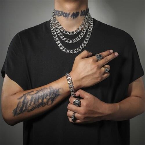 Fashion Necklaces 2020 Jewelry Hip Hop Iced Out Rhinestone Miami Cuban Chain Gold Silver Color Necklace Bracelet Set for Mens