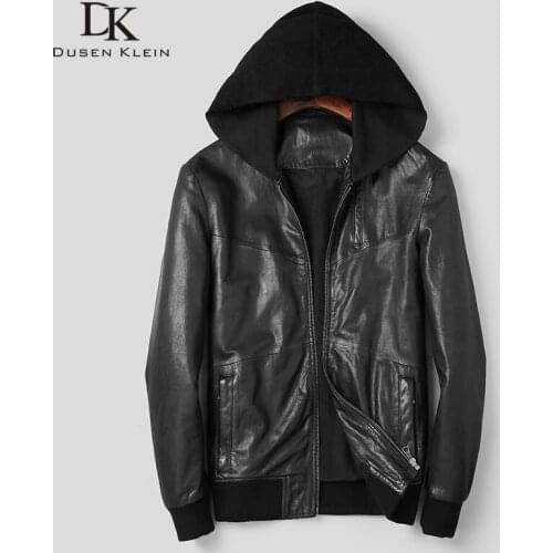 Men Genuine Leather Jacket Sheepskin Hooded Jackets Casual Short Black Pockets 2019 Autumn New Jacket Washed Leather S1017