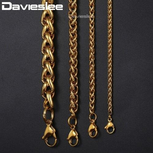 Davieslee Stainless Steel Necklace for Men Wheat Spiga Link Black Gold Silver Color Mens Necklace Chain 3/4/5/6mm LKNM44