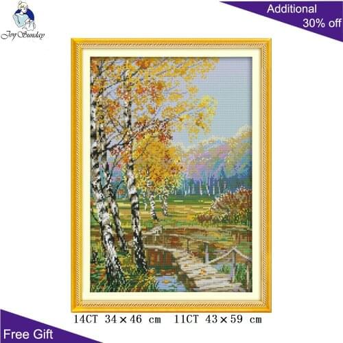 Joy Sunday Autumn Needlework F871(2) Counted and Stamped Home Decor The Birch Forests Of Autumn Embroidery Cross Stitch kits