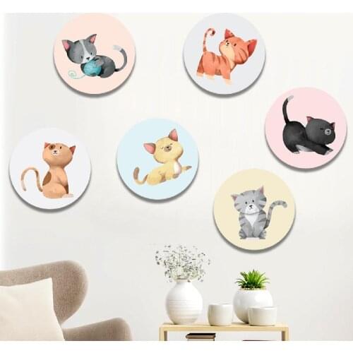 Cute Cat 6 piece Wooden Sticker Wall Set Kids Room Wall Decoration Wooden Wall Decor Scandinavian Style Montessori Decor