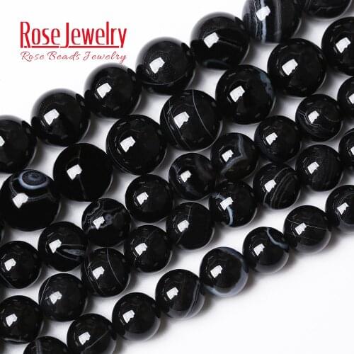 Natural Stone Striped Onyx Black Agates Round Loose Beads 15" Strand 4 6 8 10 12 MM Pick Size For Jewelry Making DIY