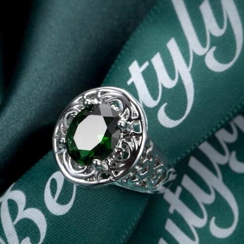 New Vintage Green/Rose Red Stone Rings for Women Wedding Hollow-out Flower Pattern Silver Color Ring Crystal Ring Luxury Jewelry