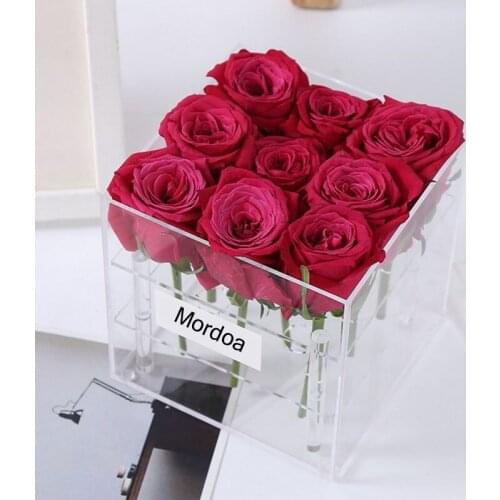 New Fashion Transparent Makeup Organizer Acrylic Material Cosmetic Box 9 Holes Rose Flower Box With Lid Makeup Organizer Holder