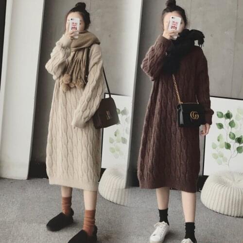 821# Autumn Winter Korean Fashion Thicken Warm Knitted Maternity Sweaters Long Dress Clothes for Pregnant Women Chic Pregnancy