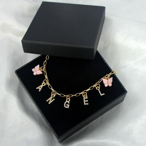 JUST FEEL Shine Crystal Letters Alphabet Pendant Necklace Pink Acrylic Butterfly Angel BABY YES LOVE Necklaces For Girls Gifts