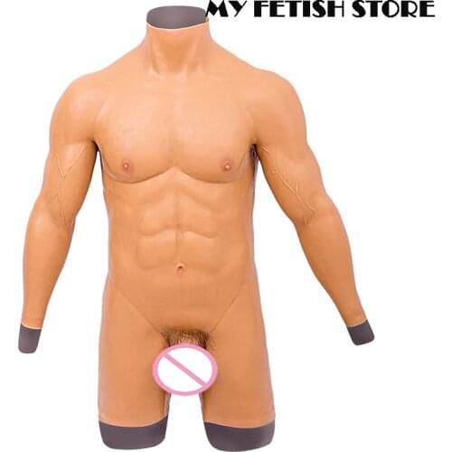Crossdress Realistic Silicone Artificial Simulation Long Sleeves Male Body Cosplay Muscle Suit With Penis Sheath Female To Male