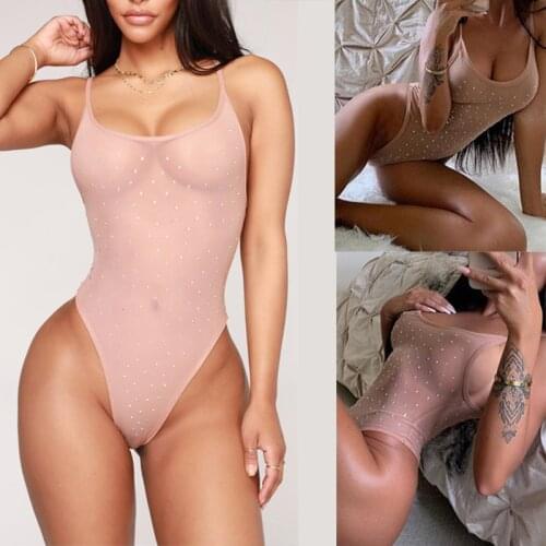 Sexy Rhinestone Body Sculpting Jumpsuit 2021 Womens Spaghetti Strap U Neck Skinny Mesh Sheer Pink Thin Bodysuit Elastic Rompers