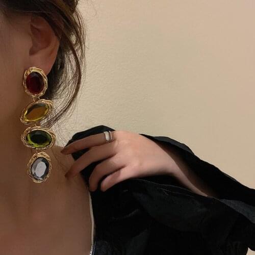New Exaggerated Candy Color Long Rhinestone Earrings for Women Girls Temperament Fashion Retro Design Earring Female Party Gifts
