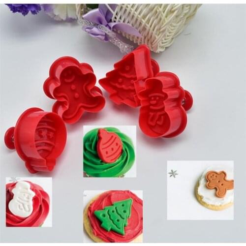 4pcs Stamp Biscuit Mold Cookie Plunger Cutter Pastry Decorating Food Fondant Baking Mould Tool Christmas Tree Snowman Man Bell