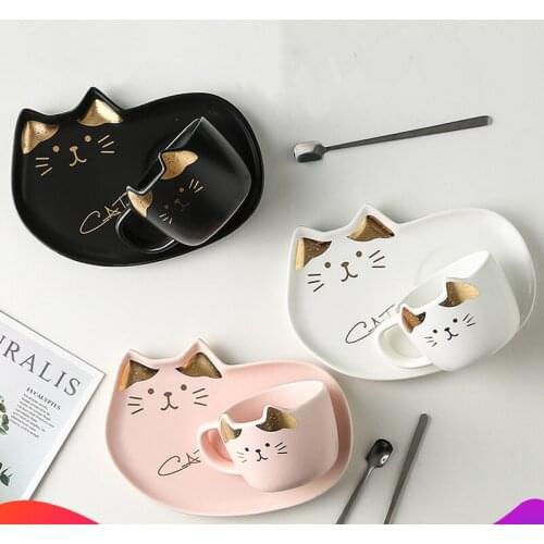 Cute cartoon cat ceramic coffee cup Simple fun afternoon tea cup plate