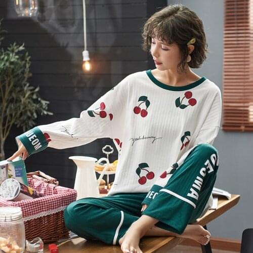 Cute cartoon spring summer female cotton pajamas loose long sleeve pajamas home night clothing sets for girls fashion pajamas