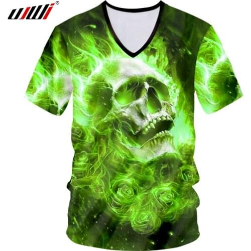 UJWI Cool Tshirt Men Summer Tops 3D Digi Print Green Fire Rose Skull T-shirts Man Brand Clothes Short Sleeve V Neck Tees Shirts
