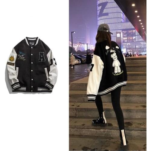 Womens Spring Baseball Bomber Jacket 2021 New Loose Cartoon Bear Stitching Embroidered Coat Plus Size American High Street