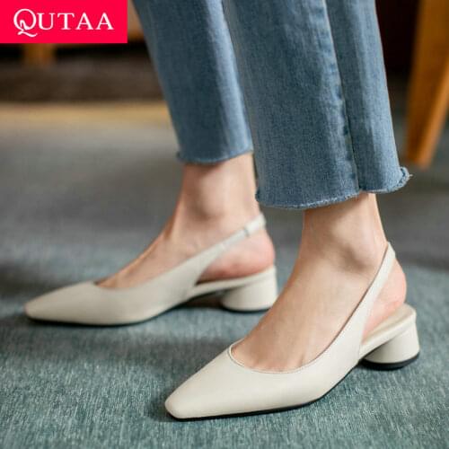 QUTAA 2021 Square Med Heel Back Strap Women Sandals Microfiber Summer Ladies Pumps Pointed Toe Concise Female Shoes Size 34-43