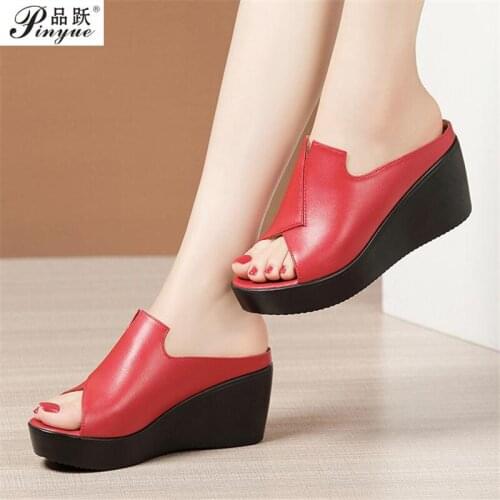 Women Slippers Ladies Summer Slippers Shoes Women Wedges Heels Fashion Summer Genuine Leather Shoes Platform