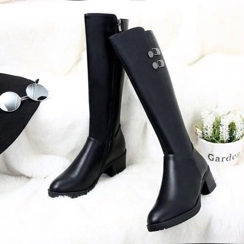 New Winter Leather Women Knee High Boots Motorcycle Square Toe Zip Footwear Low Heels Female Riding Boot Woman Long Boots