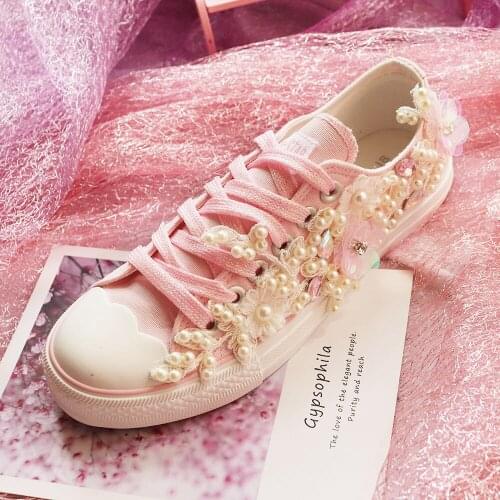 Pink sweet rhinestone pearl ladies low cut canvas shoes spring and autumn fashion flat bottom lace-up single shoes comfortable