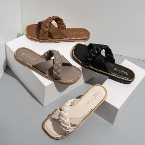 Size 37-42 Female Footwear Summer Women Slippers PU Weave Cross Outdoor Open Toe Ladies Sandals Flat Slides High Quality 2021