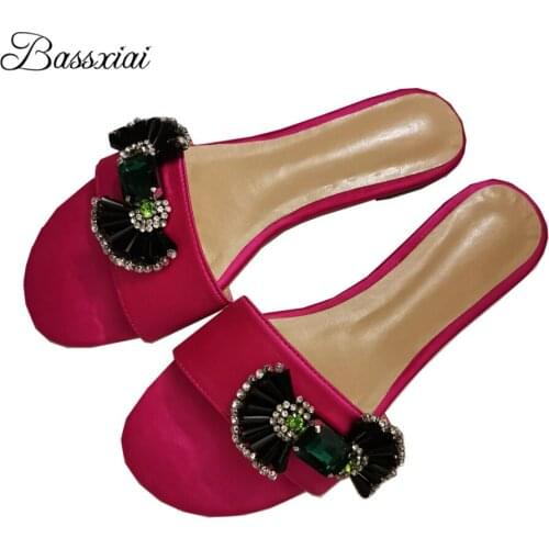 Crystal Candy Butterfly-Knot Women Slippers Flat Heel Open Toe Luxury Satin Rhinestone Summer Outwear Mules Lady