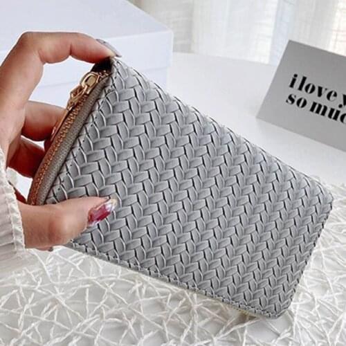 Bag Womens Weave Artificial Leather Long Wallet Purse Elegant Solid Color Zip Around Clutch Bag Card Holder Phone Case