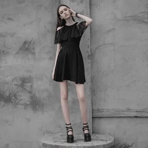 PUNKRAVE Womens Gothic Chiffon Silk Dress Low-neck A Pendulum Short Sleeve Half Dress