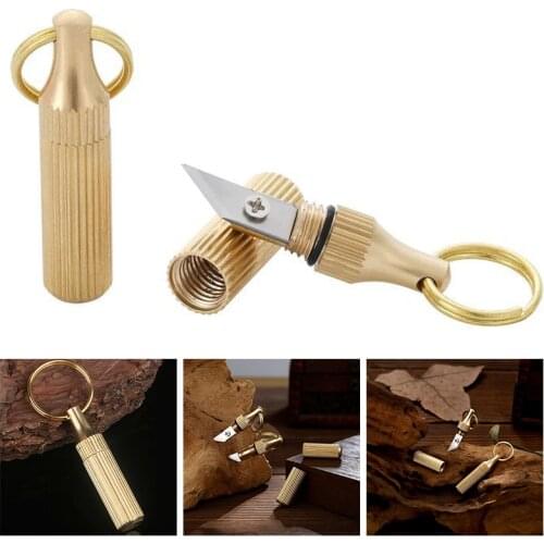 1pc Brass Capsule Mini Knife Key Chain Multifunctional EDC Tool Portable Keyring Decoration Outdoor Survival Emergency Tools