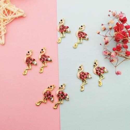 10pcs/pack Rhinestone Flamingo Metal Enamel Charms Shiny Cute Bird Pendants Earring Fit DIY Handmade Jewelry Accessories 30*12mm