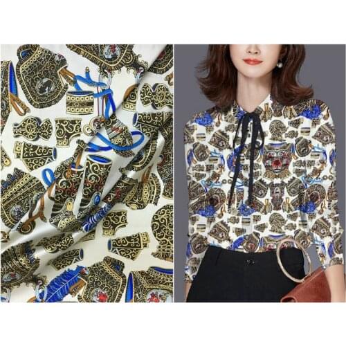 108cm wide 19mm 97% silk & 3% spandex retro fashion jewelry print stretch silk satin fabric for dress shirt clothes cheongsam C0