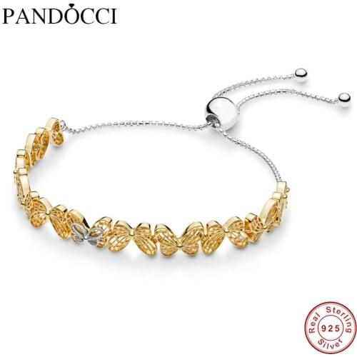 2019 Spring 925 Sterling Silver Shine Openwork Butterflies Sliding Bracelet Fit Women Bead Charm Bangle DIY Jewelry QANDOCCI