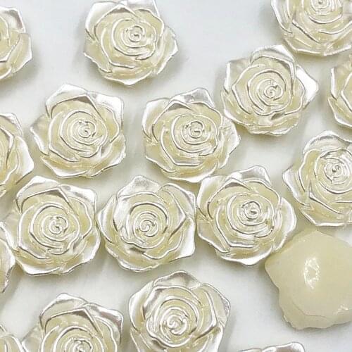 30pcs/pack Beige Color 18mm Flat Back Resins Cabochon Scrapbook 3D Rose Flower Pearl Beads Fit Phone Embellishment DIY