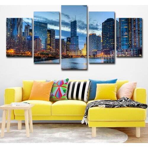 5PCS HD Printable Art Poster Chicago City View Wall Modern Living Room Office Bedroom Home Decoration Accessories Frameless